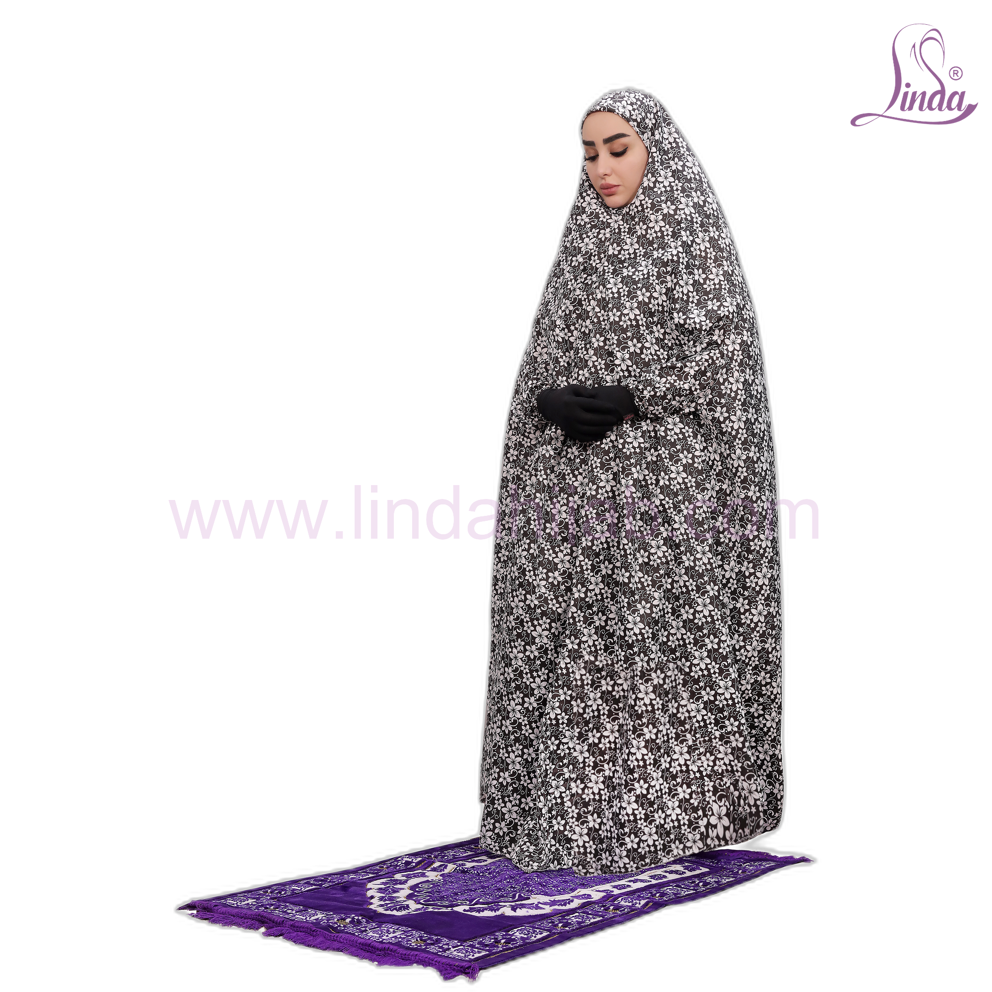 One Piece Cotton Prayer Dress Black & White Floral – Full Coverage Hooded Prayer Abaya