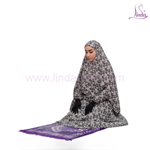 Linda Women’s One-Piece Prayer Dress – Black & White Floral Print with Attached Khimar - Image 2