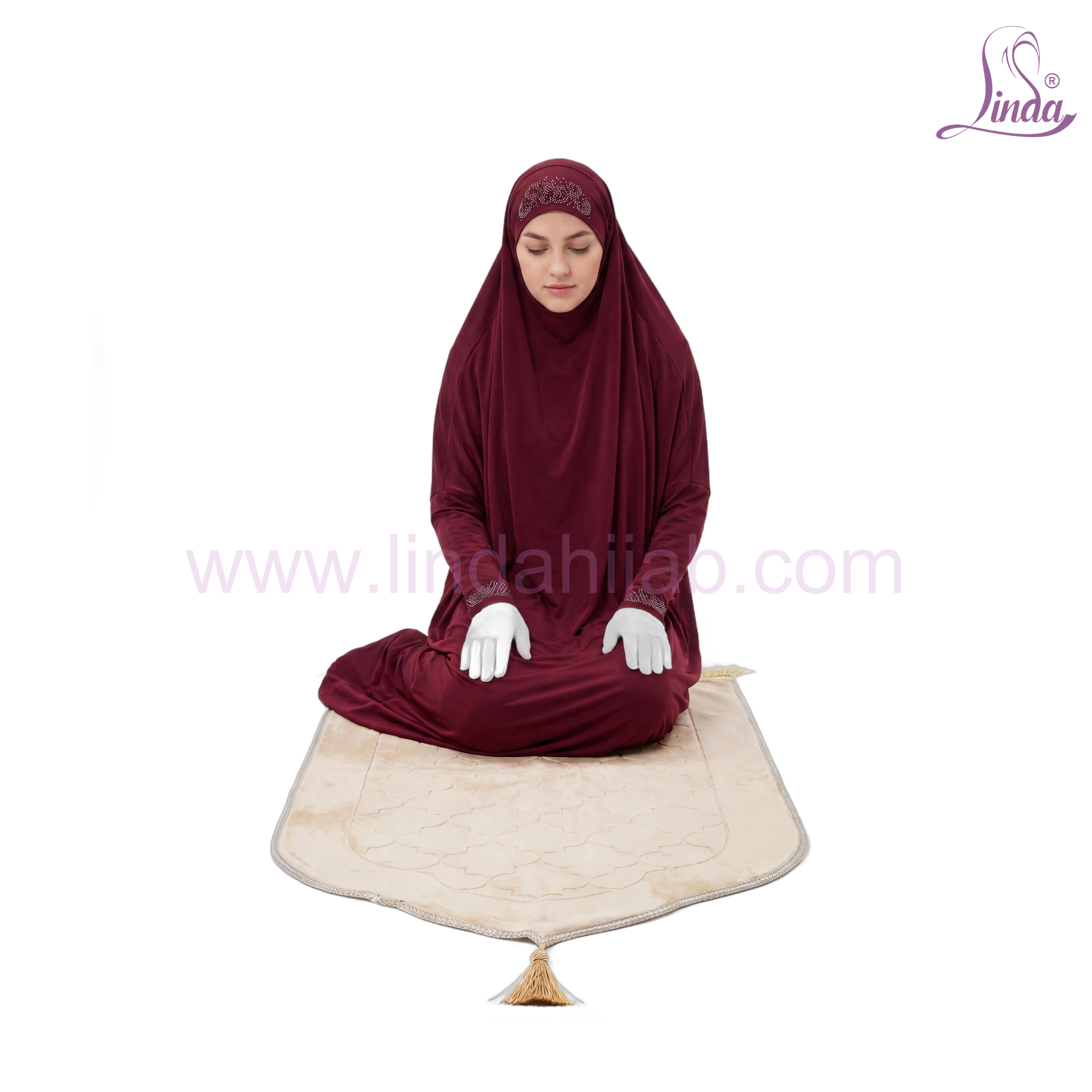 Linda One-Piece Burgundy Prayer Dress with Rhinestone Trim | Women's Instant Khimar