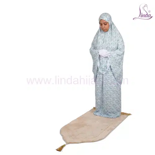 Linda Women’s One-Piece Prayer Dress – White & Blue Floral Print with Attached Khimar - Image 1