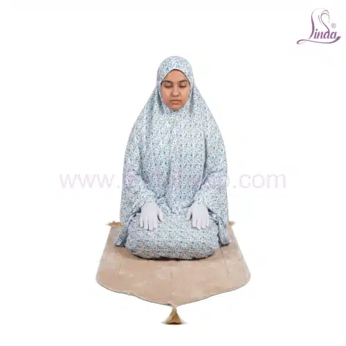 Linda Women’s One-Piece Prayer Dress – White & Blue Floral Print with Attached Khimar - Image 2