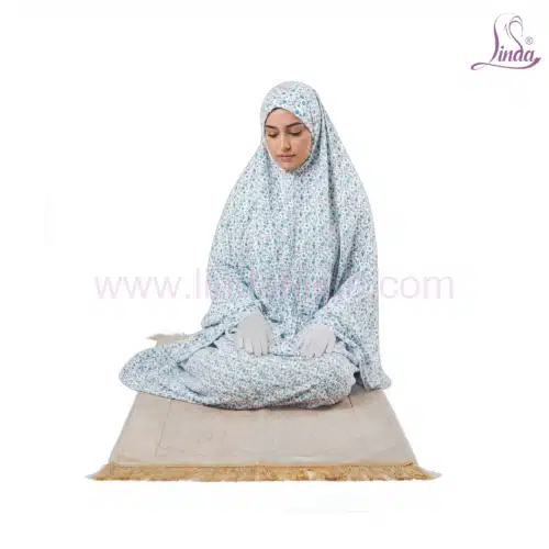 Linda Women’s One-Piece Prayer Dress – White & Blue Floral Print with Attached Khimar - Image 3