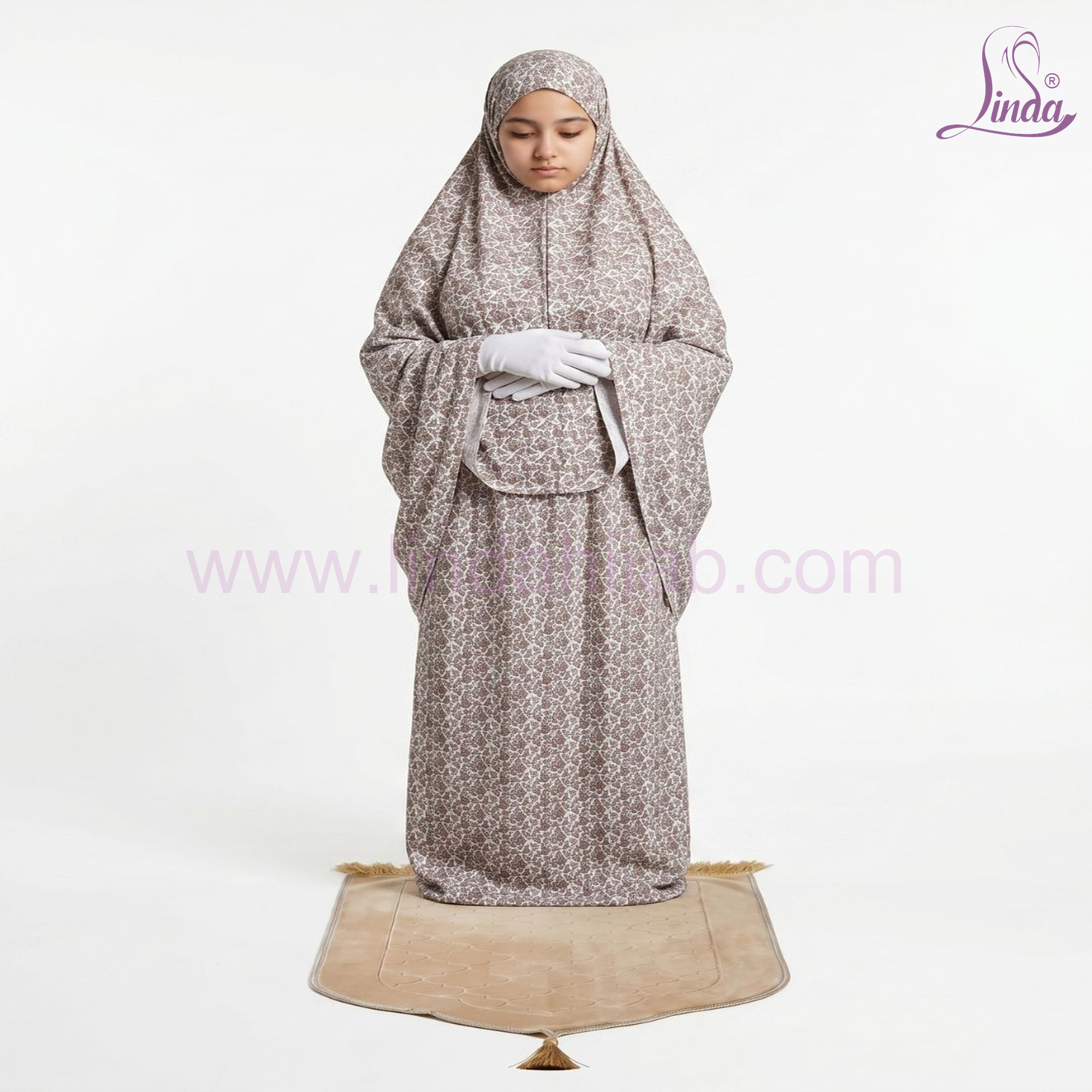 Linda Girls Two-Piece Prayer Set - Beige Floral Print | Kids Islamic Prayer Khimar & Skirt Set
