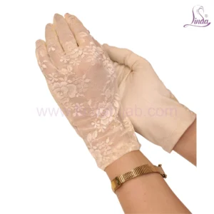 Premium Beige Wrist-Length Gloves with Ornate Lace Detail