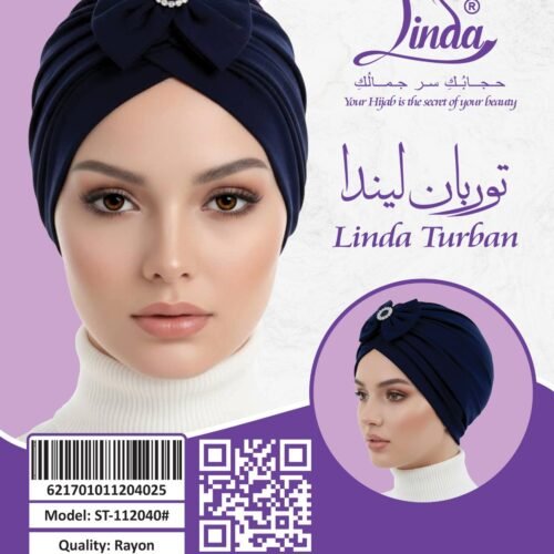 Linda Navy Blue Pleated Turban with Bow & Rhinestone Brooch – Instant Rayon Turban for Women - Image 3