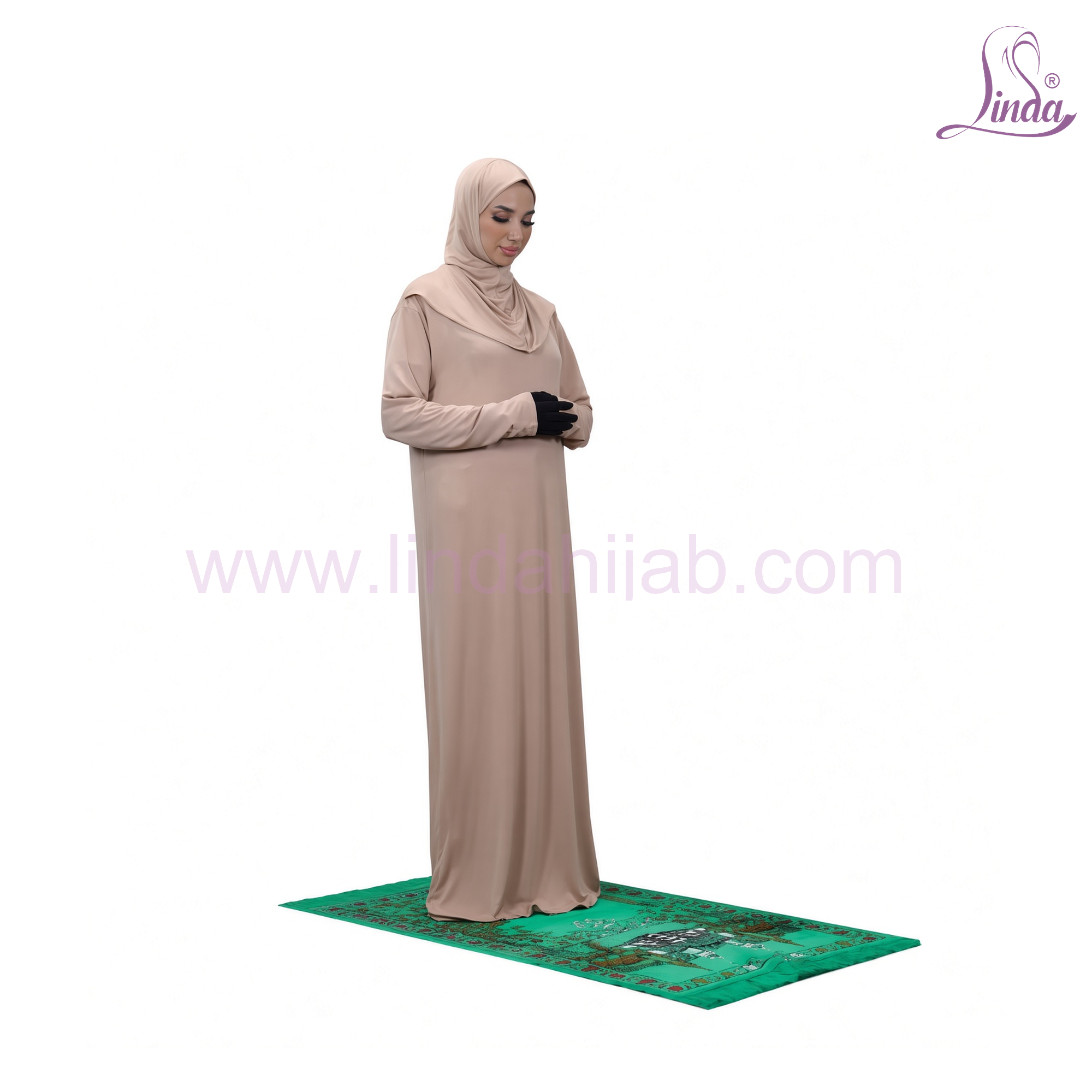 Women's One Piece Prayer Dress – Plain Full Length Instant Abaya with Draped Attached Hijab, Beige