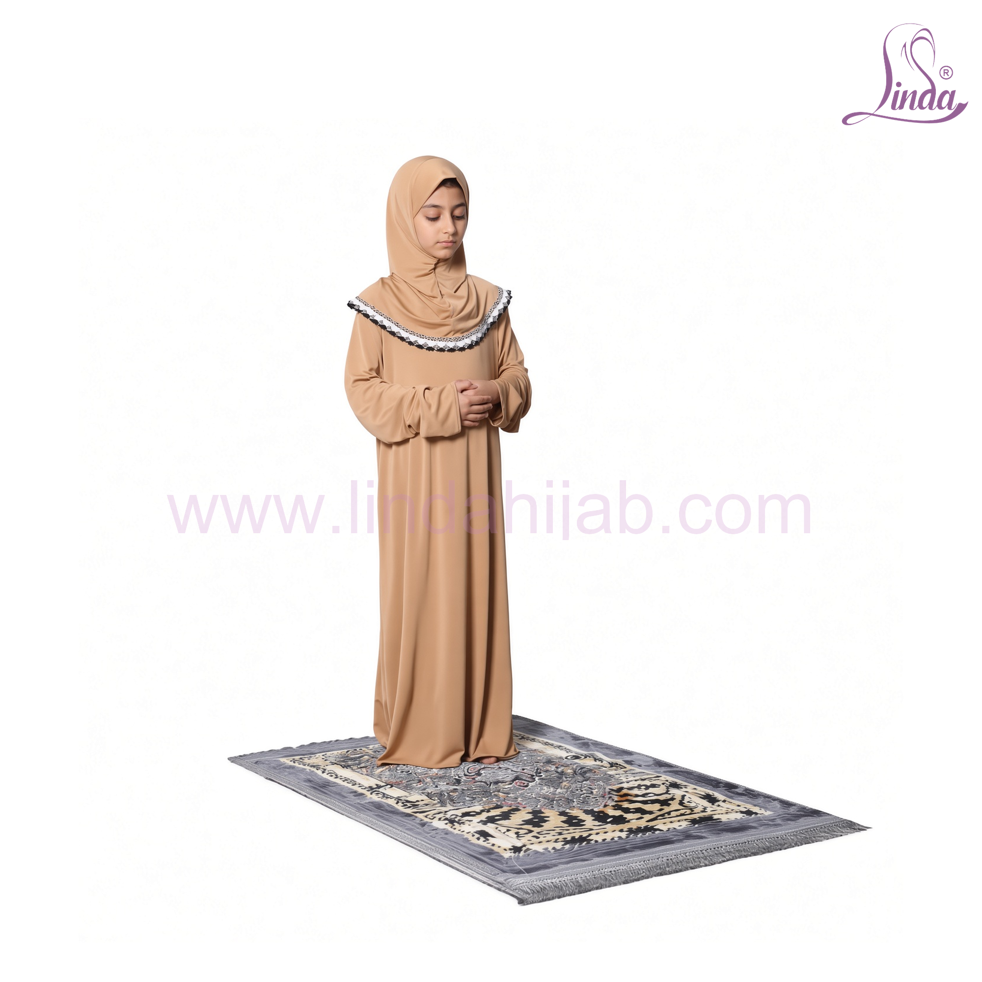 Girls One Piece Prayer Dress – Plain Full Length Kids Prayer Abaya with Attached Hijab, Camel Beige