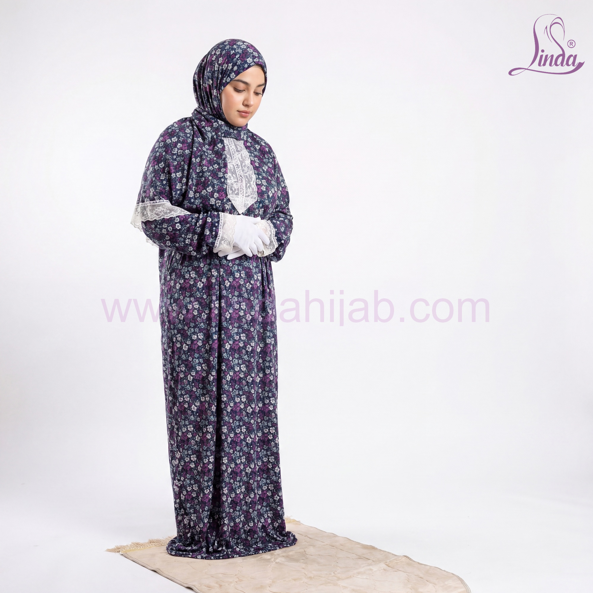 Linda Navy Floral Prayer Dress with Lace Trim | Women's One-Piece Khimar Abaya