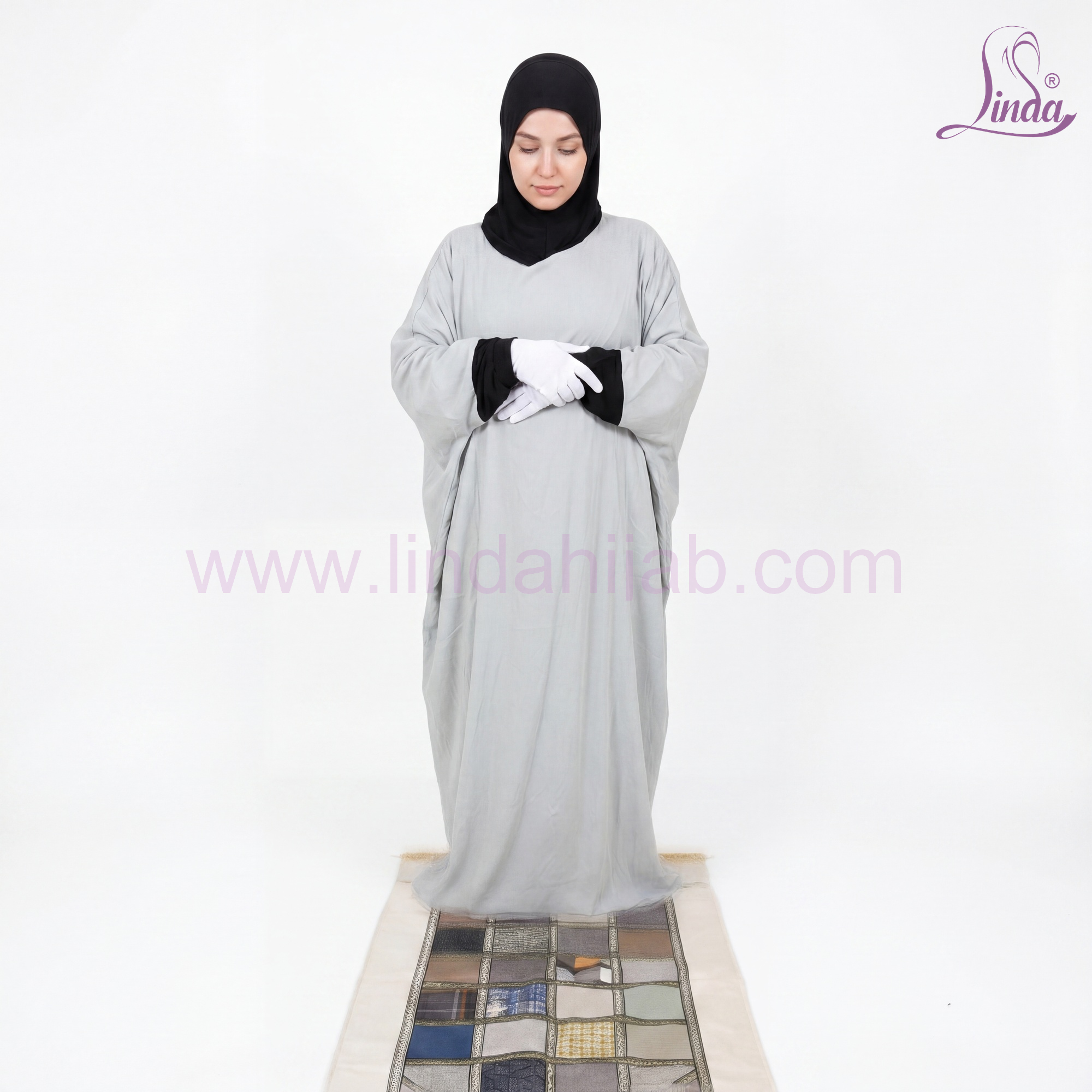 Linda Solid Gray Crinkle Prayer Dress with Black Trim | Women's One-Piece Khimar Jilbab