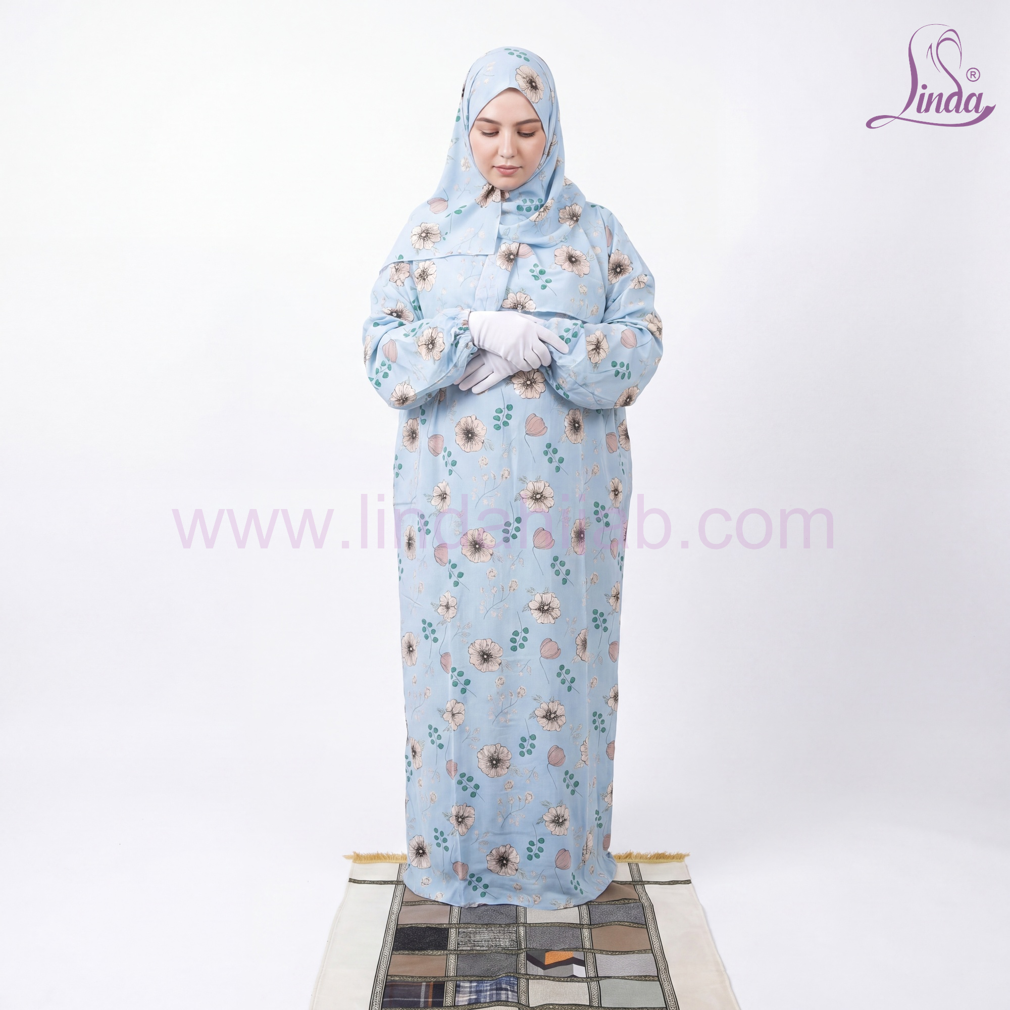 Linda Floral Prayer Dress with Shawl - Navy & Peach Print | Women's One-Piece Khimar Abaya