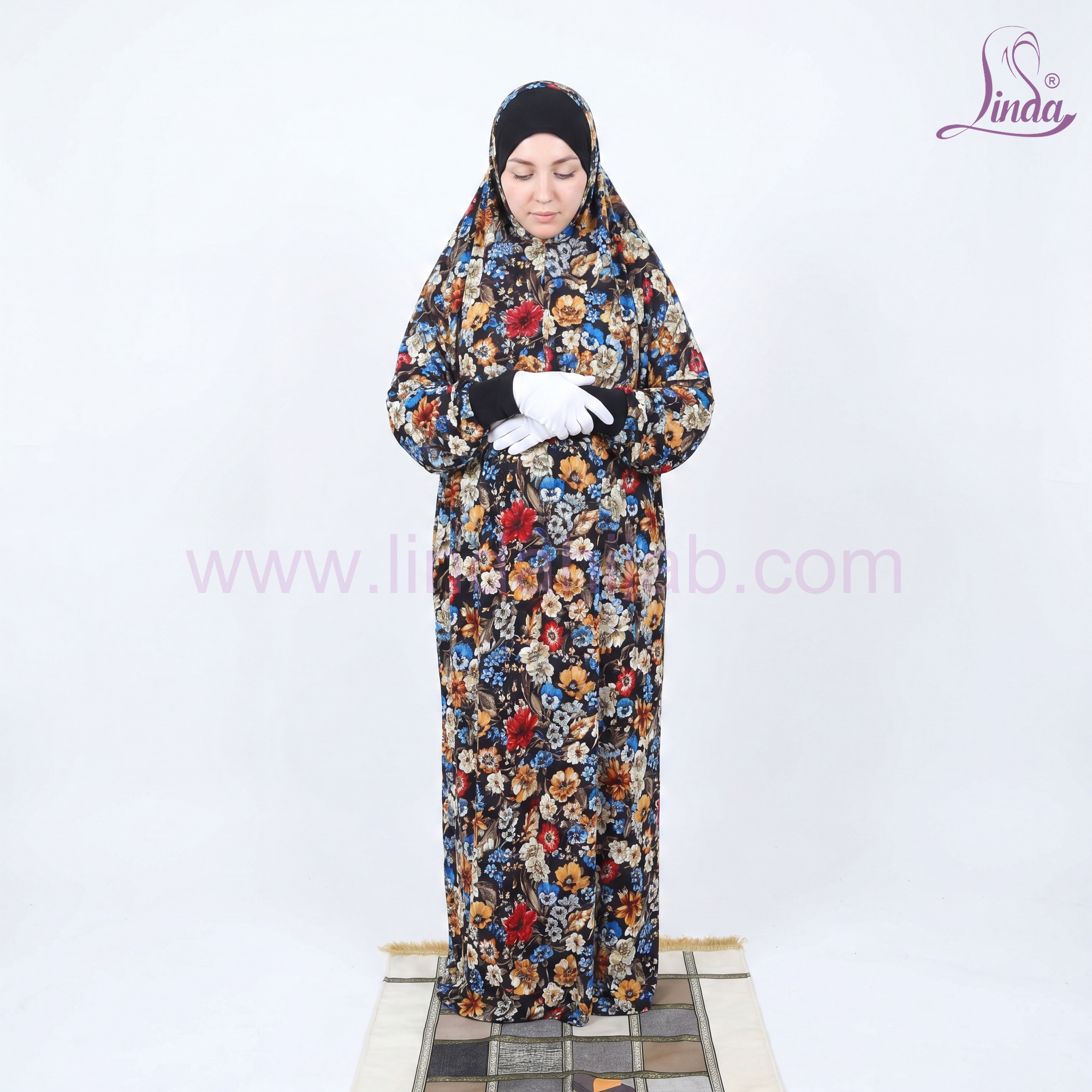 Linda Floral Prayer Dress with Shawl - Black Multicolor Print | Women's One-Piece Khimar Abaya