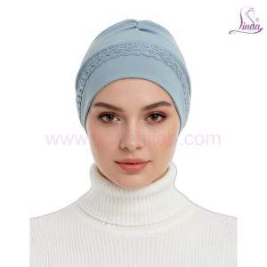 Linda Dusty Blue Bonnet Turban with Lace Trim – Soft Rayon Instant Turban Cap for Women