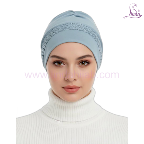 Linda Dusty Blue Bonnet Turban with Lace Trim – Soft Rayon Instant Turban Cap for Women - Image 1