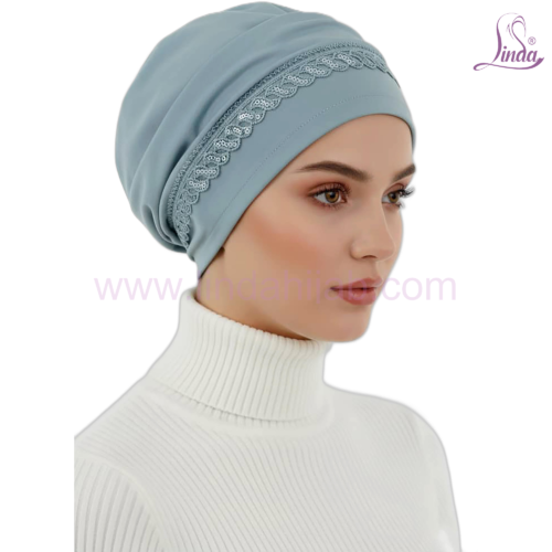 Linda Dusty Blue Bonnet Turban with Lace Trim – Soft Rayon Instant Turban Cap for Women - Image 2
