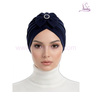 Linda Navy Blue Pleated Turban with Bow & Rhinestone Brooch – Instant Rayon Turban for Women