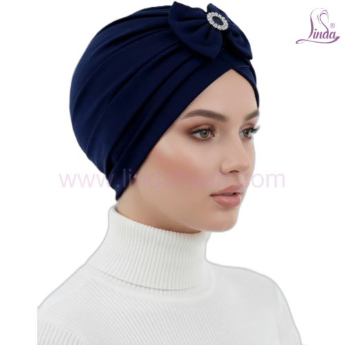 Linda Navy Blue Pleated Turban with Bow & Rhinestone Brooch – Instant Rayon Turban for Women - Image 2