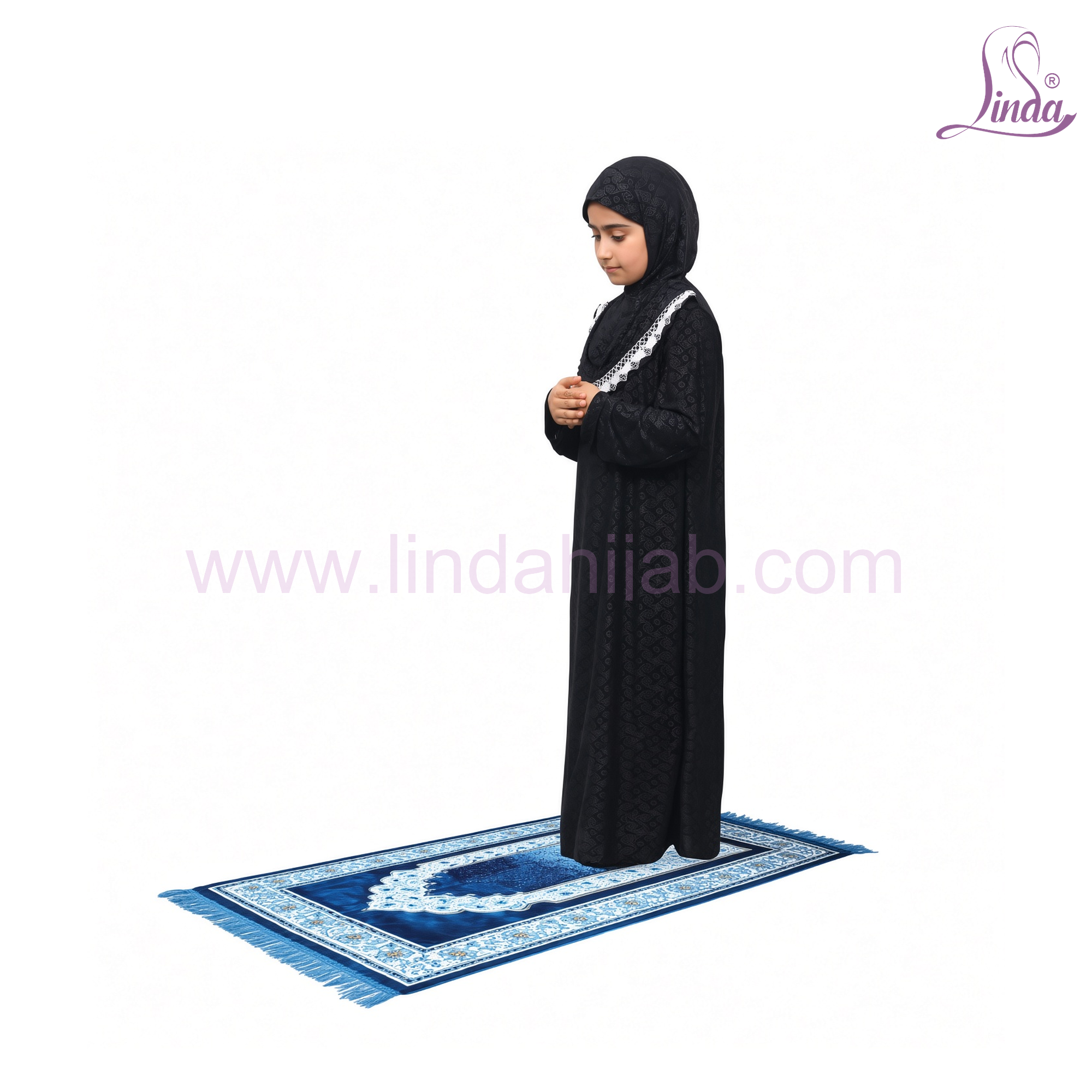 Girls One Piece Prayer Dress – Full Length Kids Prayer Abaya with Attached Hijab, Black with Lace Trim