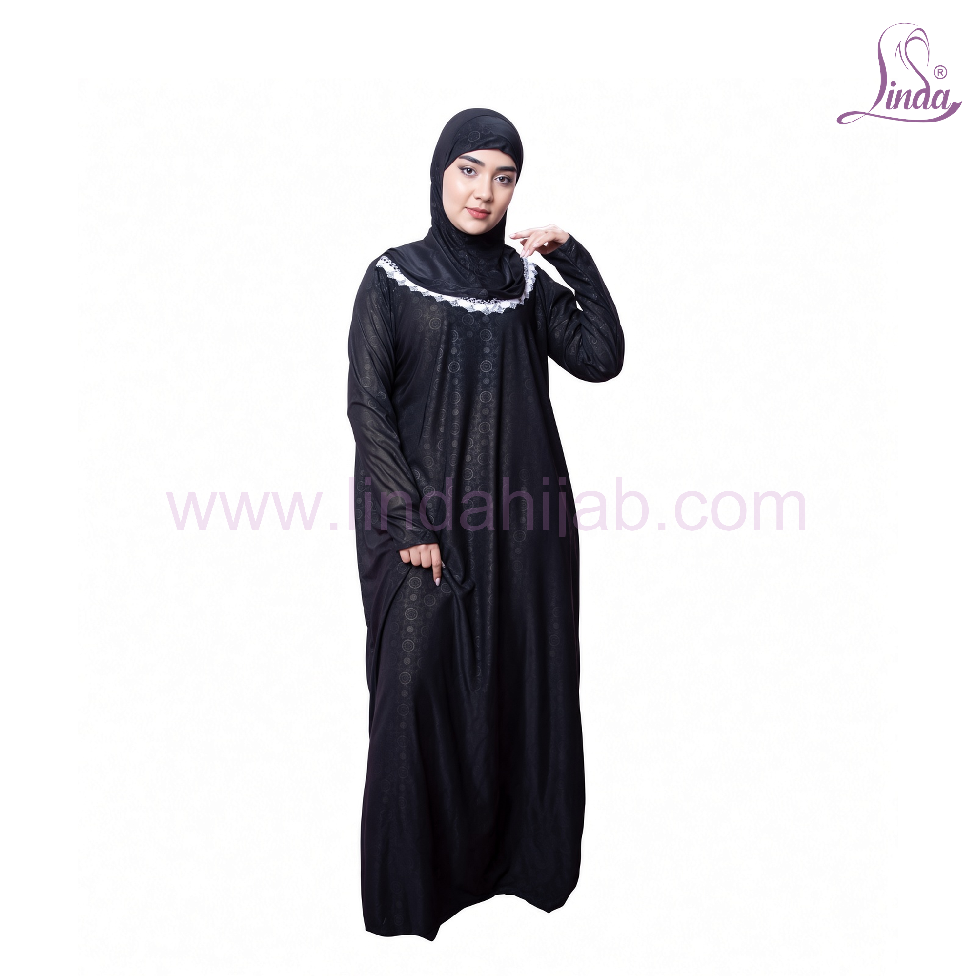 Women's One Piece Prayer Dress – Full Length Instant Abaya with Attached Hijab, Black with Lace Trim