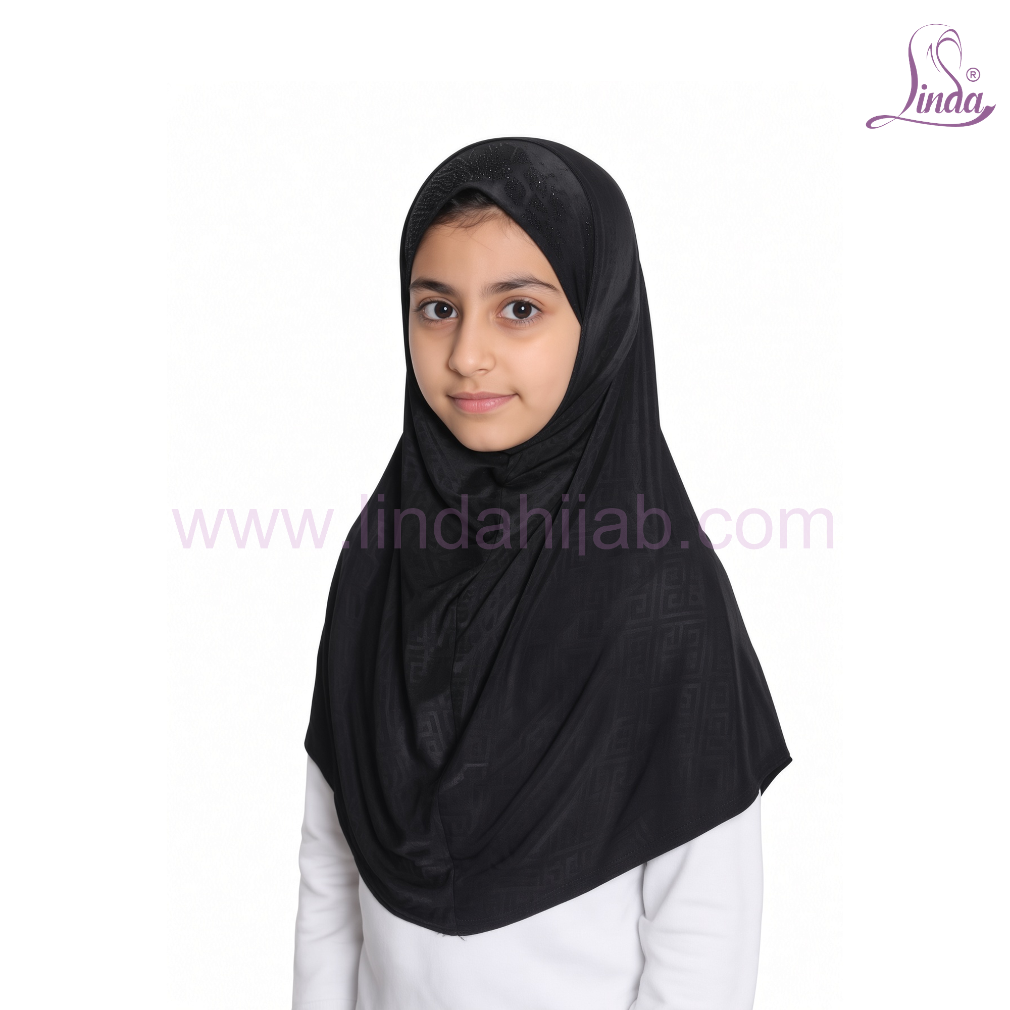 Kids One Piece Hijab – Rayon Amira Slip-On, Black with Tonal Jacquard Pattern & Glitter Crown, Size S