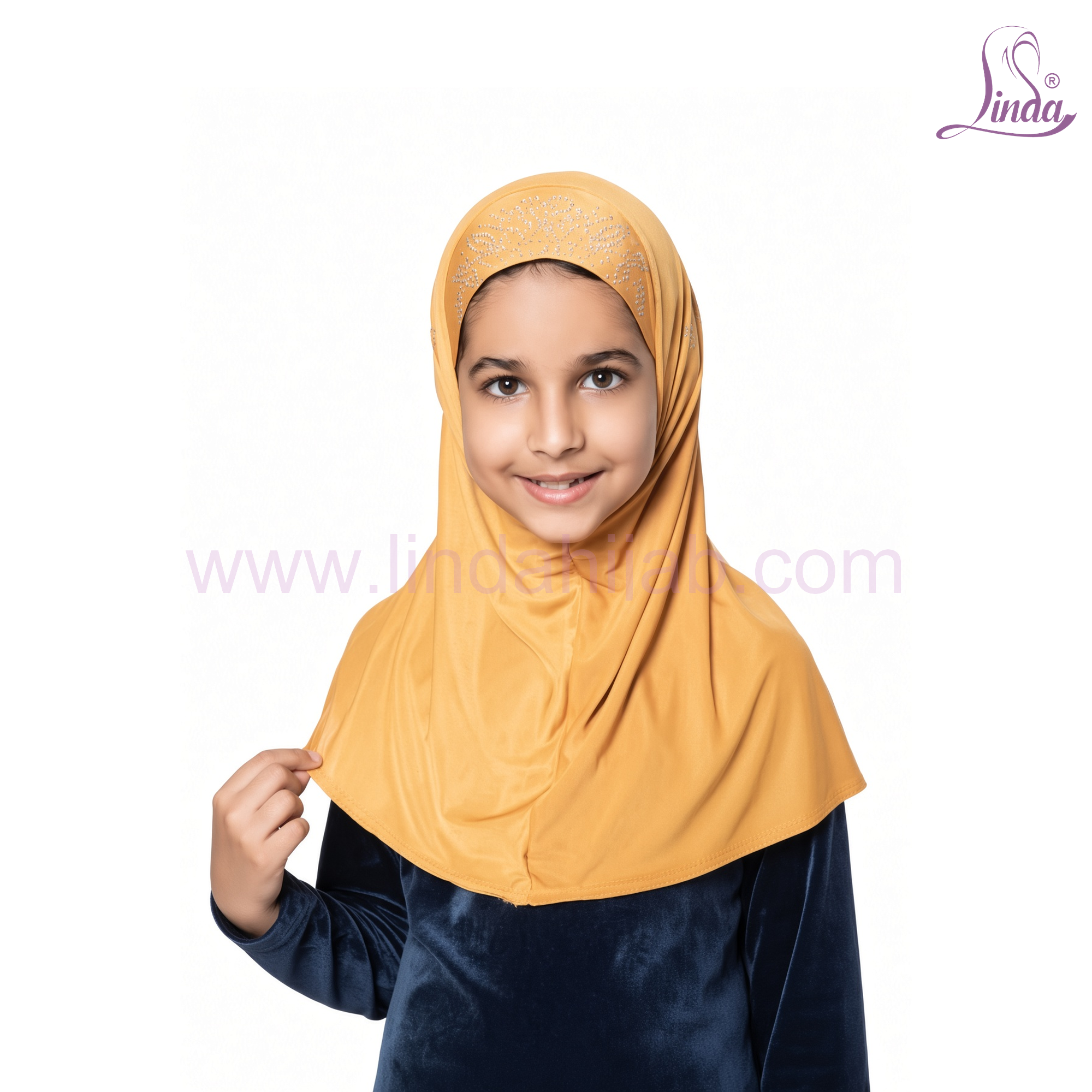 Kids One Piece Hijab – Rayon Amira Slip-On with Rhinestone Crown Motif, Mustard Yellow, Size S